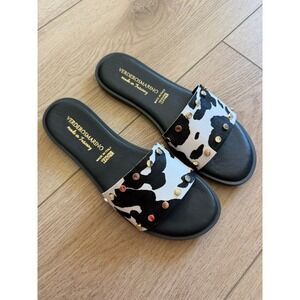 Verderosmarino Italy Cow Print Calf Hair‎ Studded Leather Slide Sandals EU 38